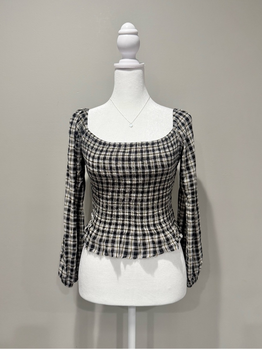 Hollister Black & White Plaid Shirred Blouse